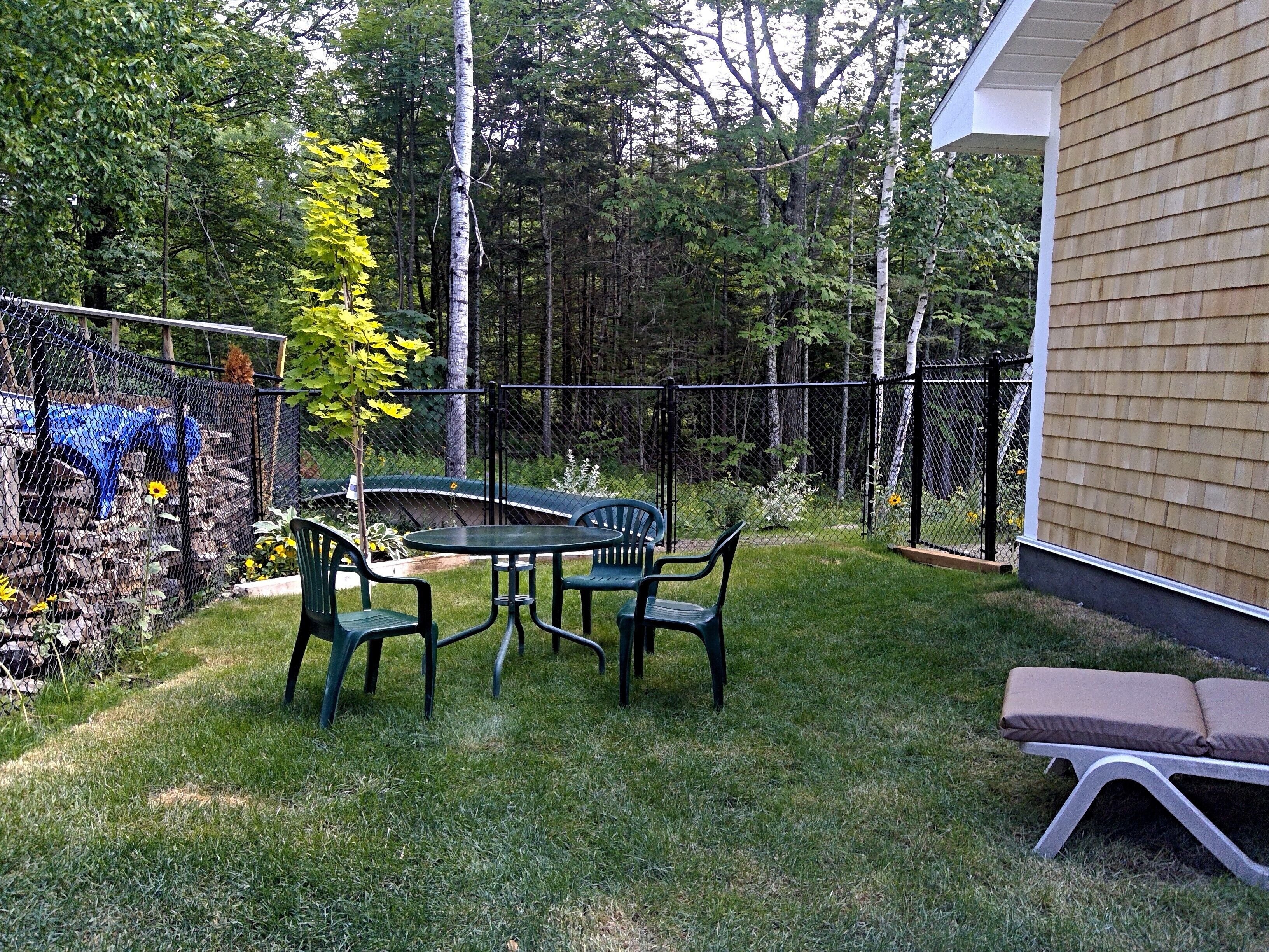A backyard with a round table and four chairs, surrounded by a chain-link fence.