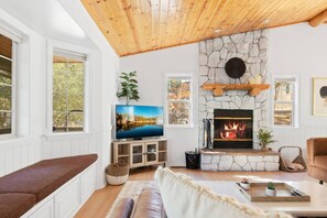 Fernseher, Kamin, Bücher, Stereoanlage