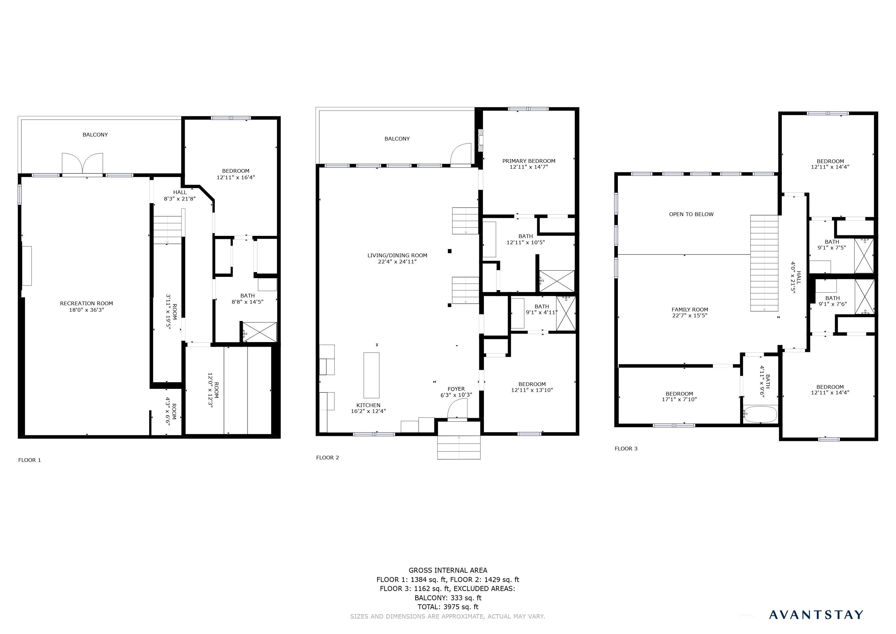 Three floor plans of a property with a total gross internal area of 3975 sq. ft.