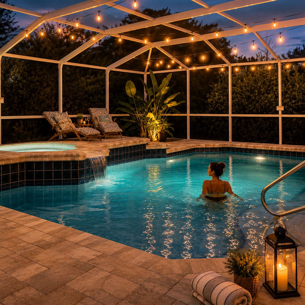 A swimming pool with a pergola overhead, surrounded by lounge chairs and potted plants.