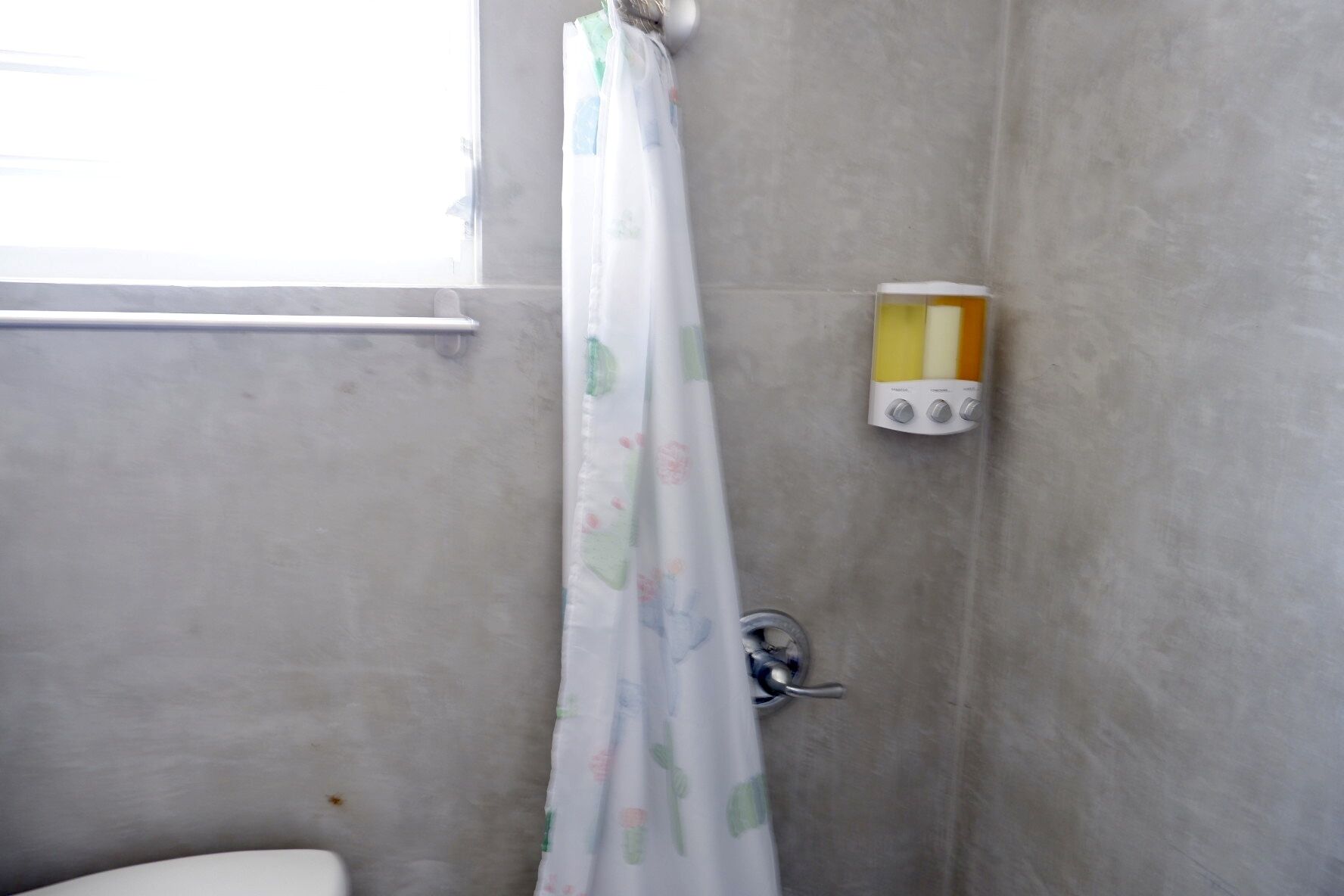 Ein Badezimmer mit Duschvorhang, Toilette und Wandseifenspender.