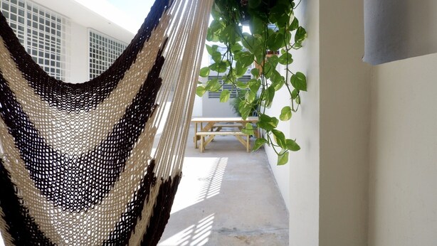 A hammock hanging between two walls, a wooden bench, and a potted plant in a covered outdoor area. - The Emerald (San Juan)