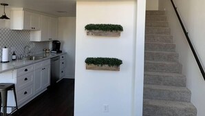A modern kitchen with white cabinets, a coffee maker, and a bar stool. There are two wooden shelves with greenery on the wall.