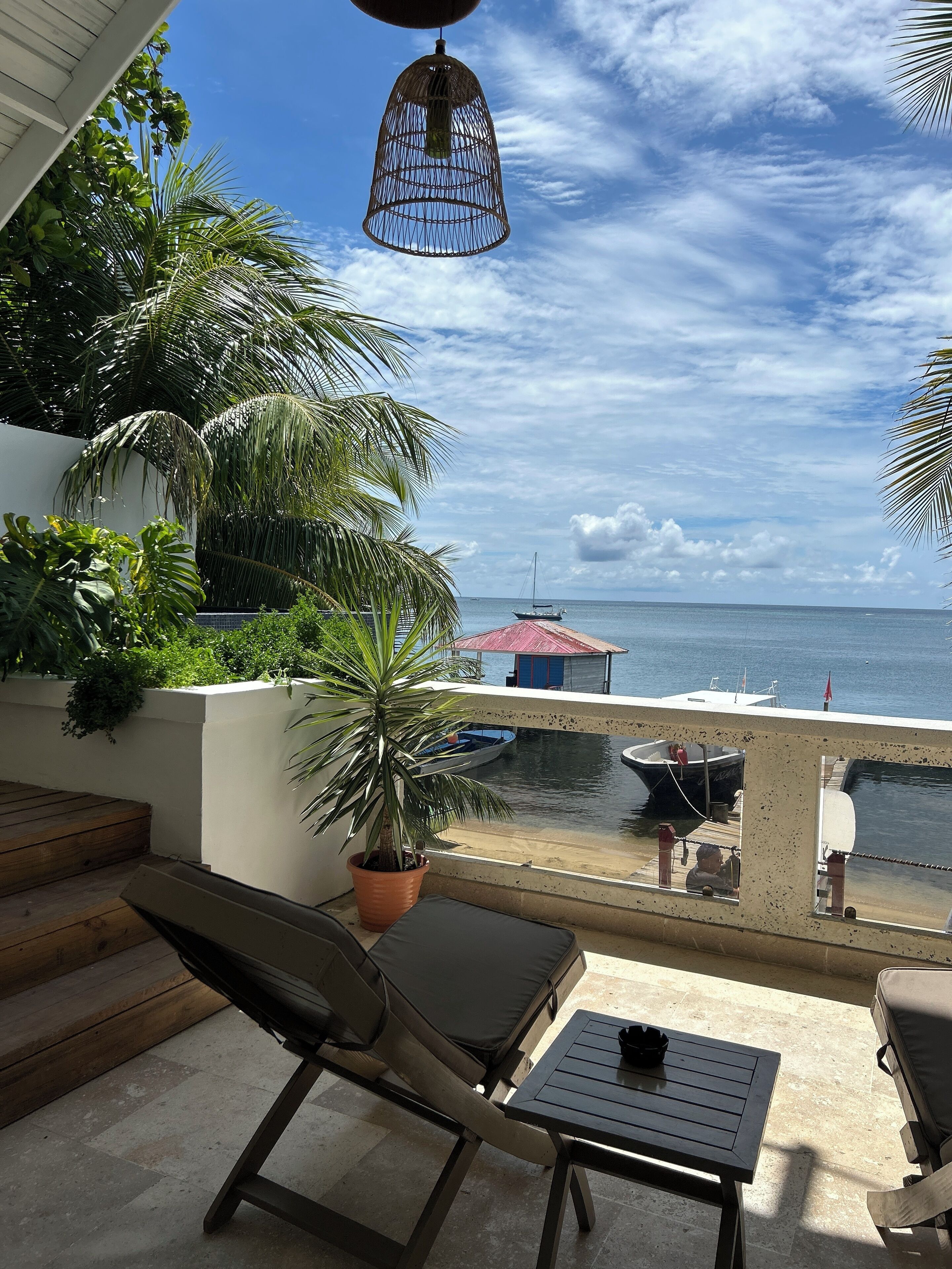 Un balcon avec vue sur la mer, un luminaire suspendu et une plante en pot.