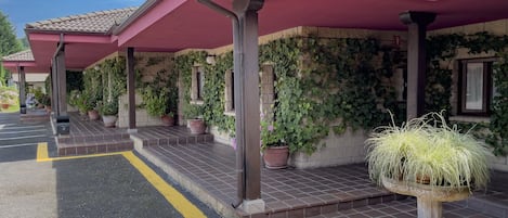 A building with a covered entrance area, potted plants, and a yellow line on the pavement.