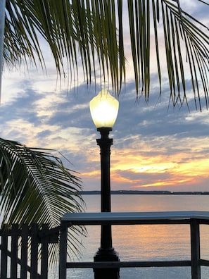 Una farola con luz, palmeras y un cuerpo de agua al atardecer.