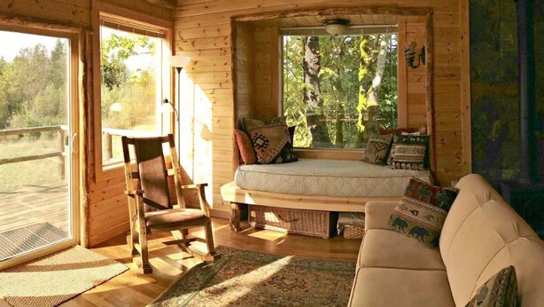 A cozy cabin interior with a wooden floor, a sofa, a chair, a bed with pillows, and a window overlooking greenery.