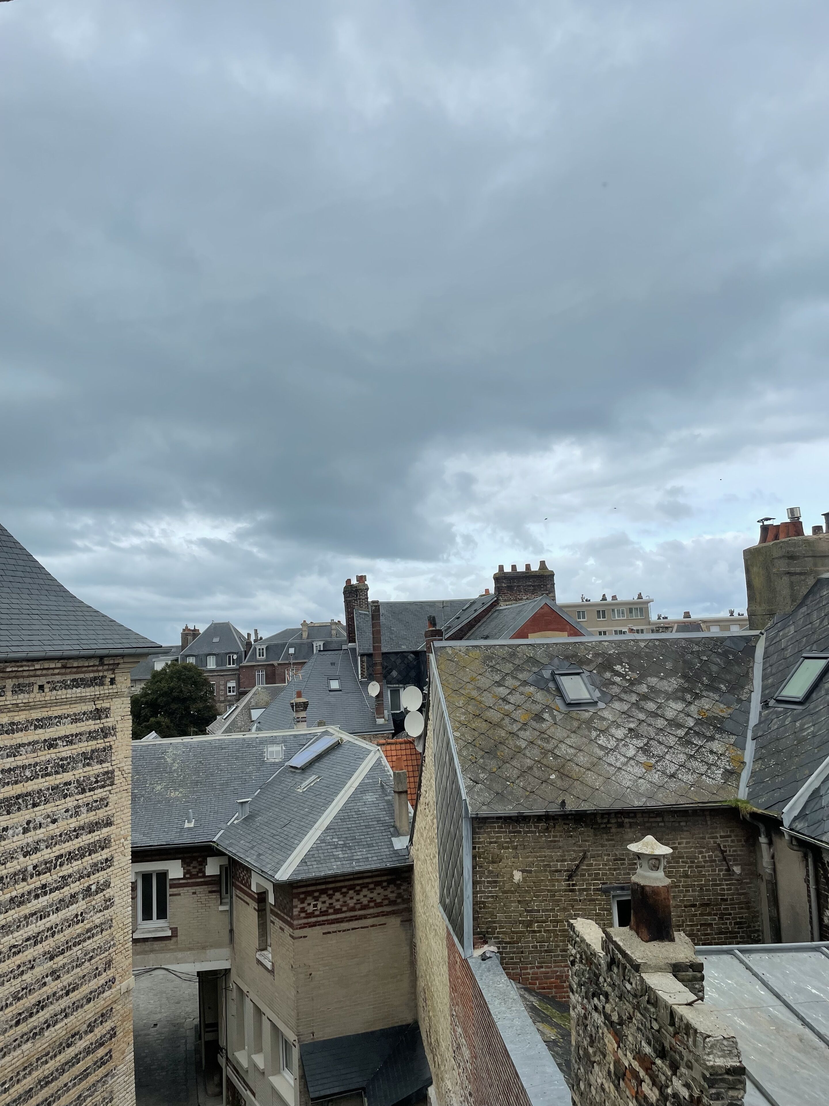 A view of a narrow alleyway between buildings with various roof styles, including sloped and flat roofs with skylights.