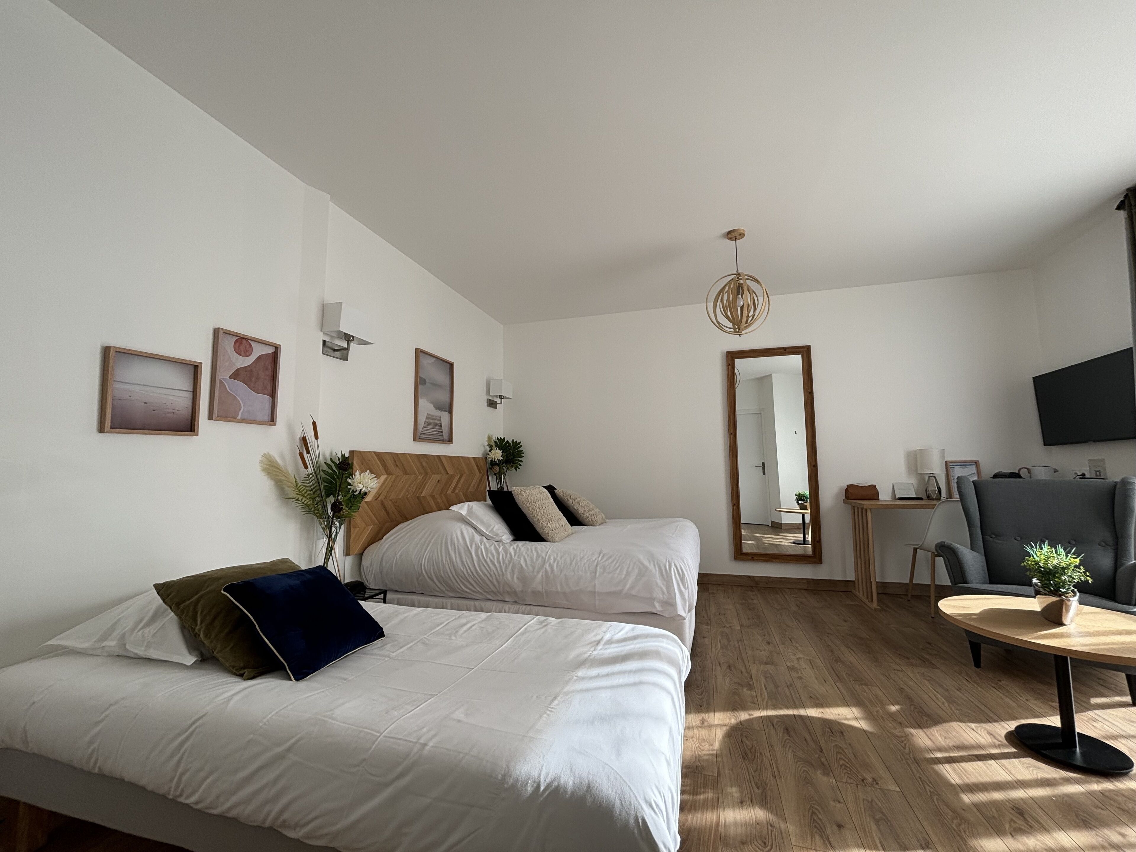 A modern hotel room with two beds, a wooden headboard, a large mirror, a TV, and a small table with a plant.