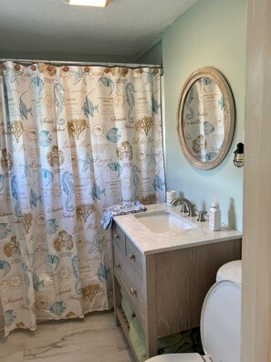 Bañera con ducha, secador de pelo, toallas, jabón