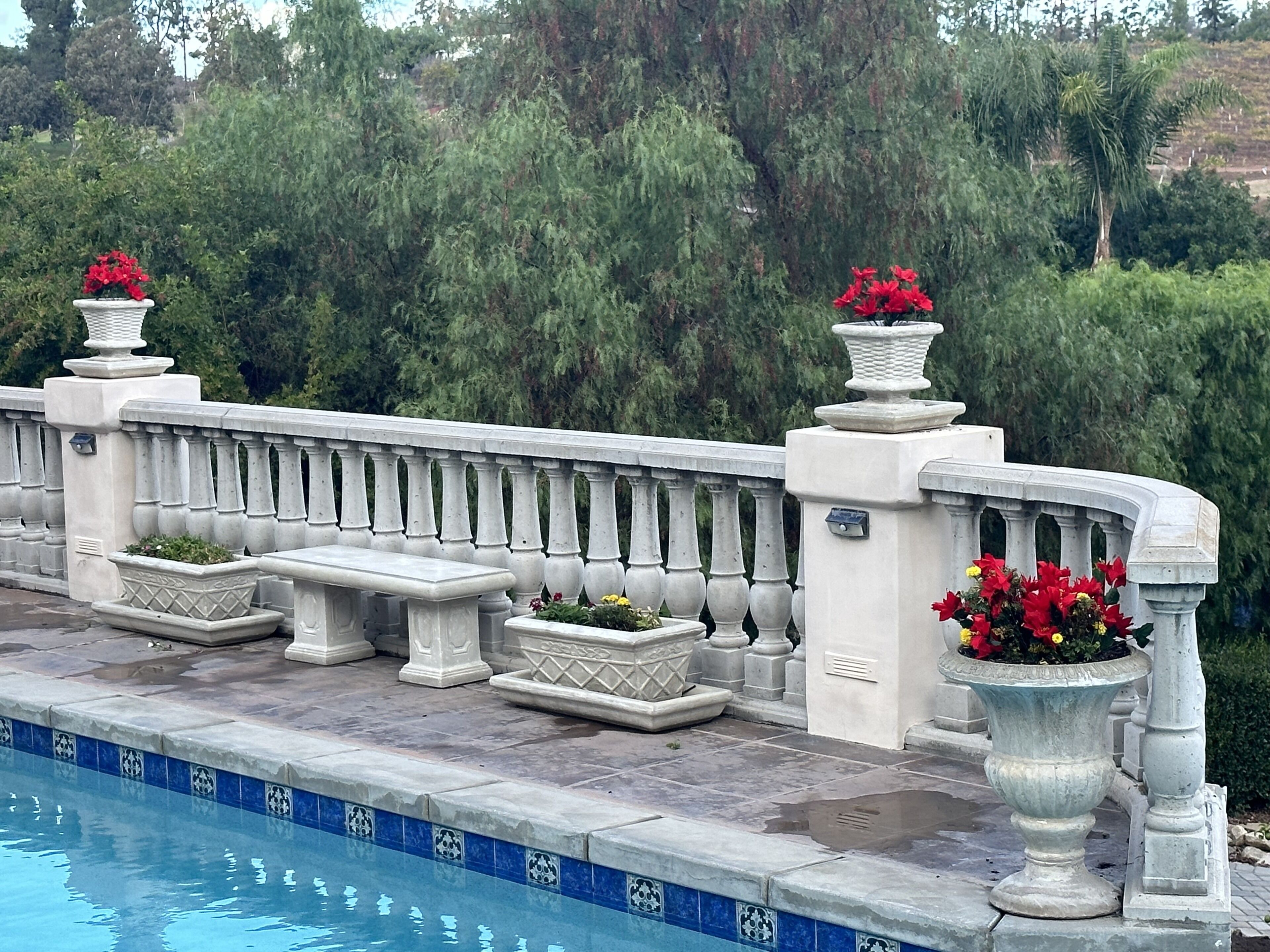 Zona junto a la piscina con barandilla de piedra, bancos y macetas con flores rojas.