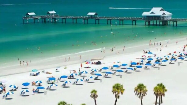 A beach with a pier extending into the ocean, featuring several beach umbrellas and palm trees. - Tampa home (Tampa)