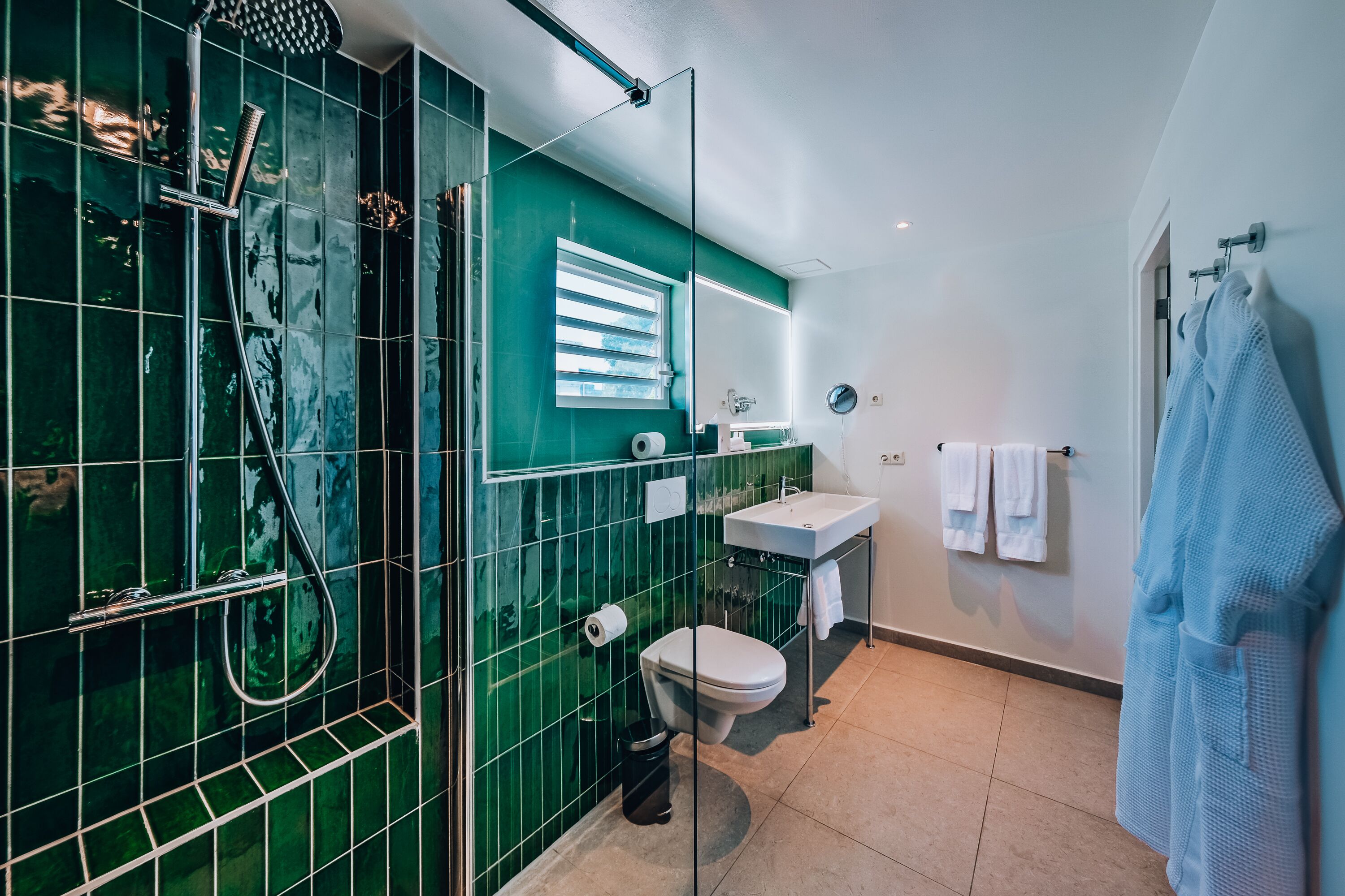 A modern bathroom with a glass-enclosed shower, a toilet, a sink, and a mirror.