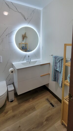Combined shower/bathtub, hair dryer, towels, soap