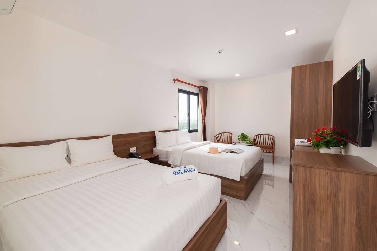 Quarto de hotel com duas camas, cabeceira de madeira, televisão e escrivaninha com planta.