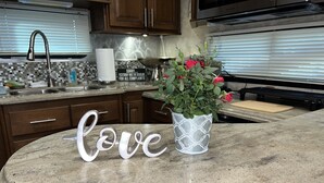 A kitchen counter with a potted plant and a 'love' sign. - Private Luxury Camping Experience  (Asheville)