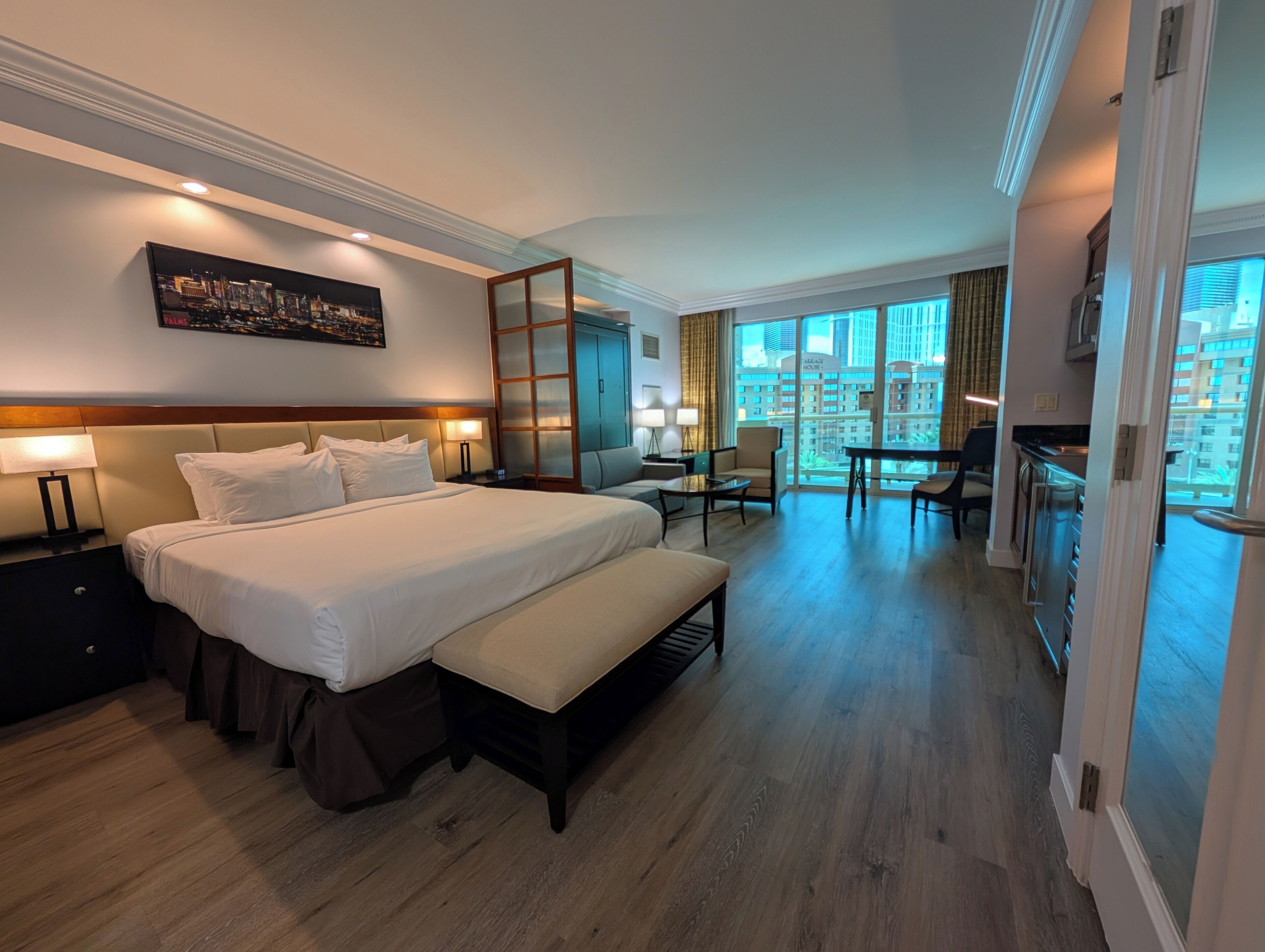 Elite Remodeled Studio with Balcony | Premium bedding, in-room safe, desk, laptop workspace