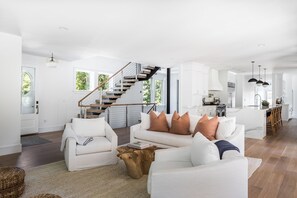 Smart TV, fireplace, books, music library
