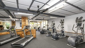 A gym with treadmills, elliptical machines, and stationary bikes.