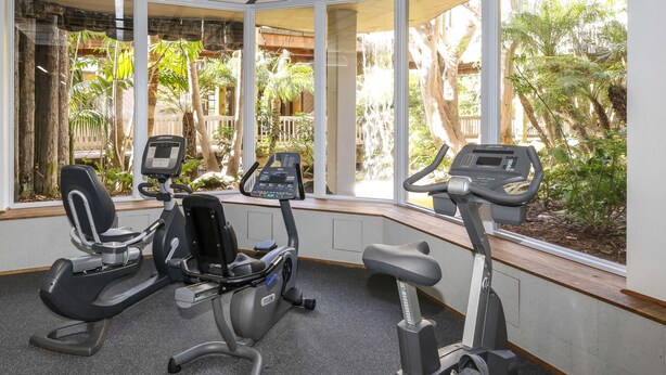 A gym with three stationary bikes, large windows, and a view of greenery outside.