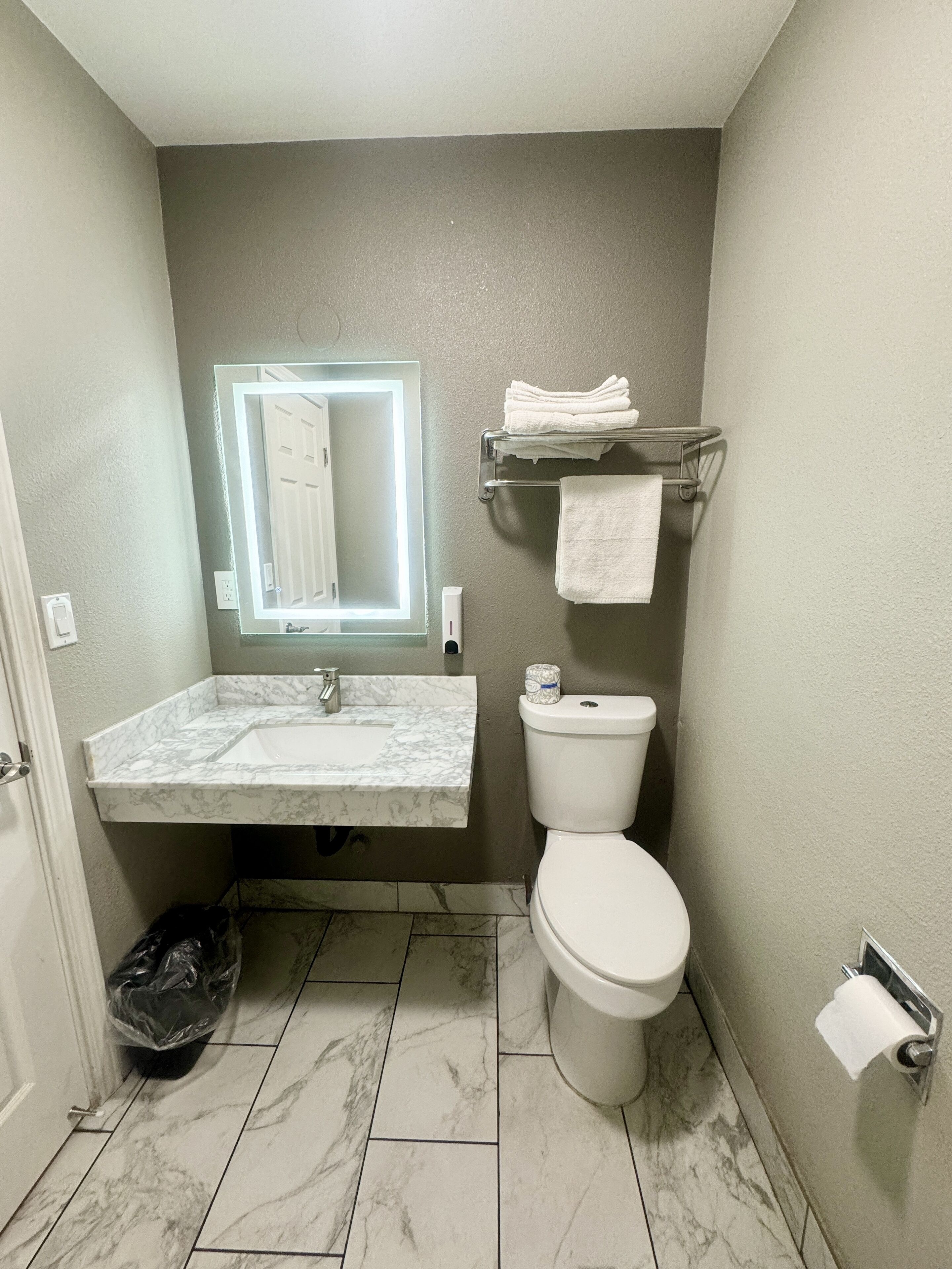 A bathroom with a marble sink, a toilet, a towel rack, and a trash bin.