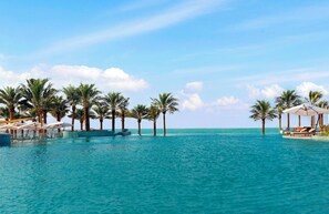 A resort pool with palm trees and lounge chairs.