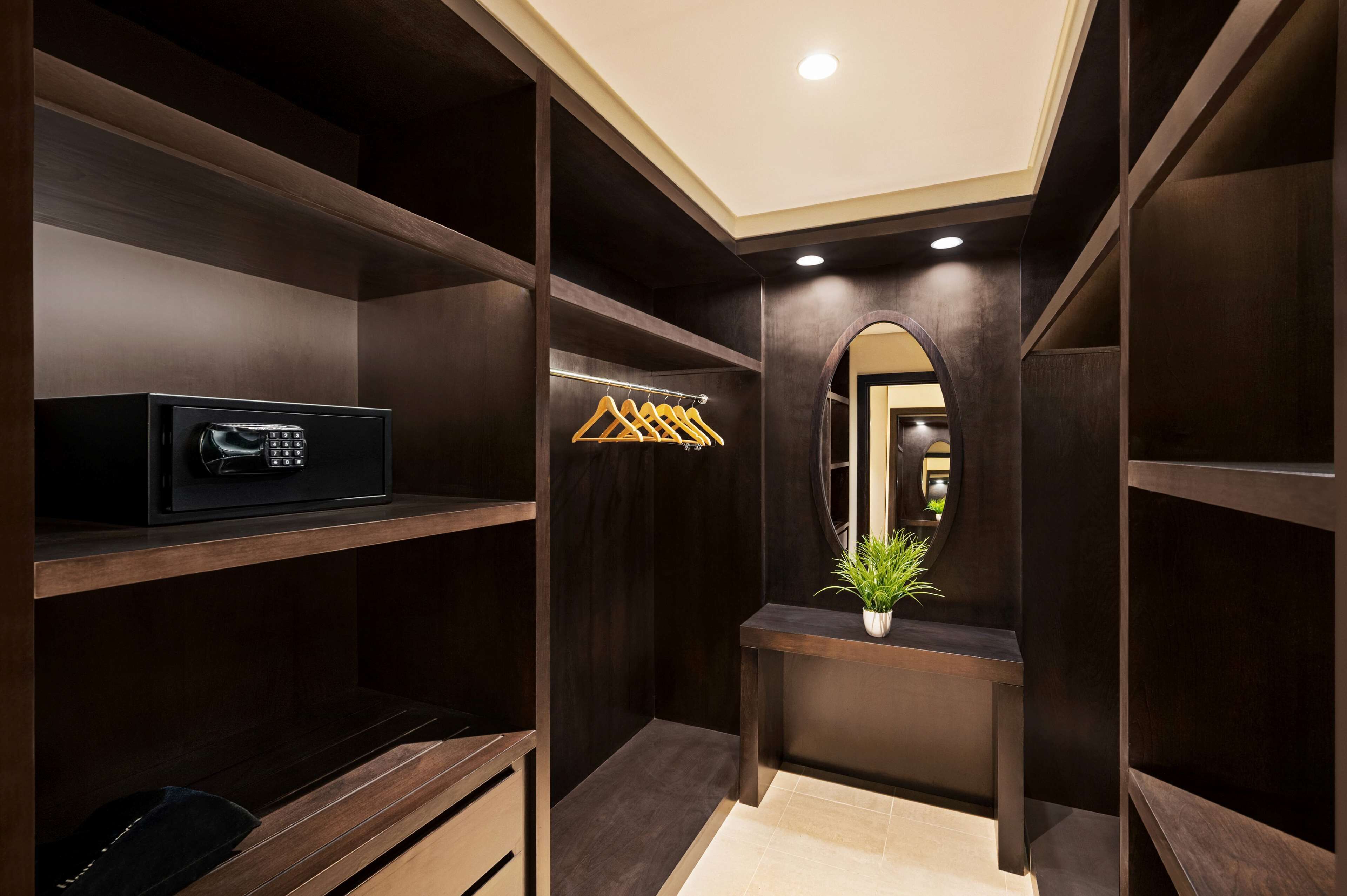 Un dressing avec des étagères en bois foncé, un coffre-fort noir et un miroir agrémenté d’une plante.