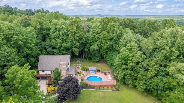 Une maison avec une piscine dans le jardin, entourée d’arbres denses.