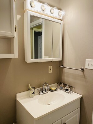 Bathroom features a vanity, sink, and mirror with ample storage and a towel rack.