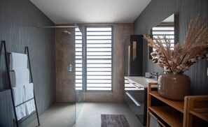 Douche, sèche-cheveux, savon, shampoing