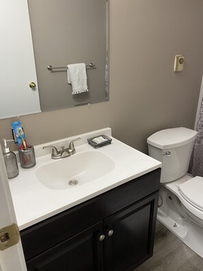 Bathroom features a sink, mirror, and toilet, with a towel rack and dark cabinets with silver handles.