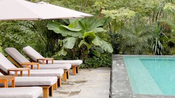 A poolside area with lounge chairs and a canopy.