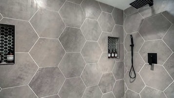 Combined shower/tub, hair dryer, shampoo