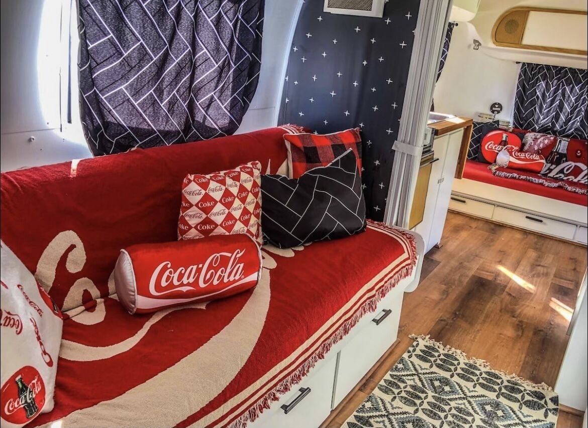 Coca-Cola themed 1968 Airstream.  Walk to the Snake River.