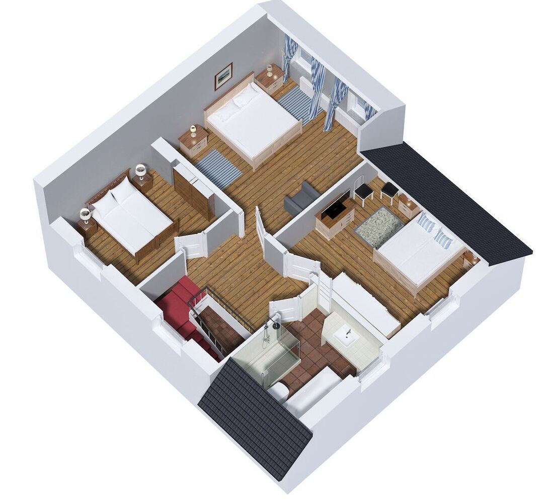 A 3D floor plan of a hotel room with a bed, a desk, a chair, a small bathroom, and a balcony.