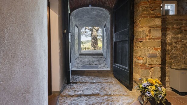 A stone corridor leading to a staircase, with a view of a tree and landscape.