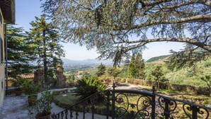 A stone staircase leading to a balcony with a wrought iron railing overlooking a landscaped garden and distant hills.