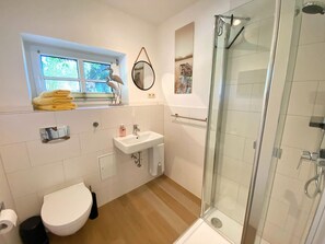 Shower, hair dryer, towels