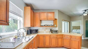 Fridge, microwave, coffee/tea maker, toaster