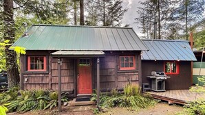 A rustic cabin with a green metal roof, a red door, and a small outdoor grill area. - Ohana Cabin | WiFi, Wood Stove, AC, Hot tub (Packwood)