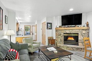 Smart TV, fireplace, books