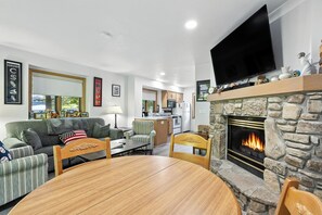 Smart TV, fireplace, books