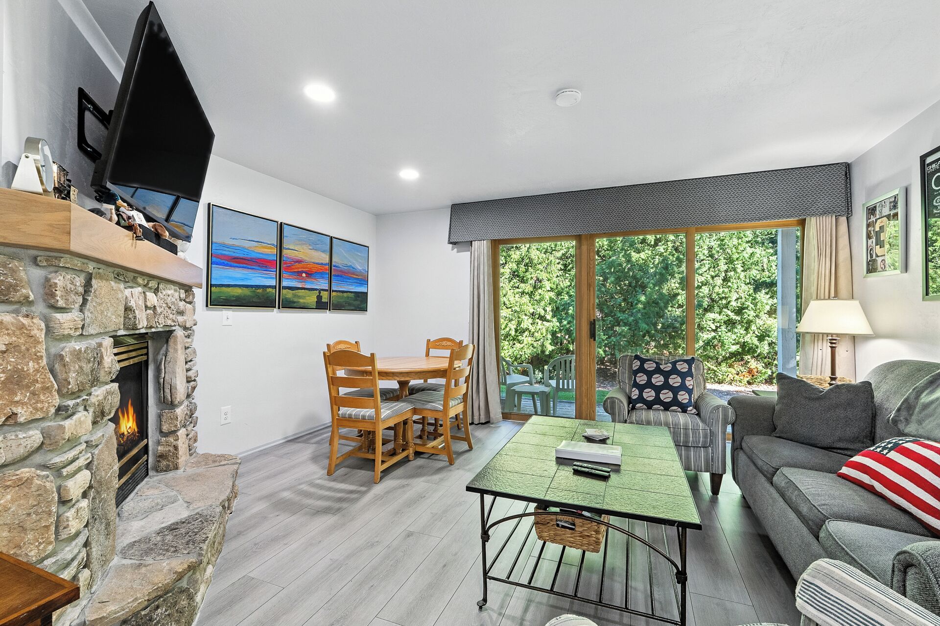 Smart TV, fireplace, books