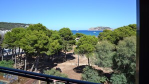 Une vue côtière avec une végétation luxuriante, un ciel bleu dégagé et une île rocheuse lointaine.