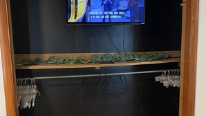 Una habitación con una televisión montada en una pared negra, un estante de madera con follaje verde, una percha metálica y una silla blanca.