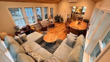 TV, fireplace, books