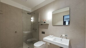 A modern bathroom with a glass-enclosed shower, a white toilet, and a sink with a mirror above it. - Eleven (Daylesford)
