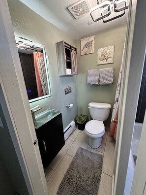 Combined shower/bathtub, hair dryer, towels, soap