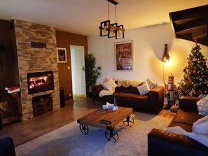 Smart TV, fireplace, foosball