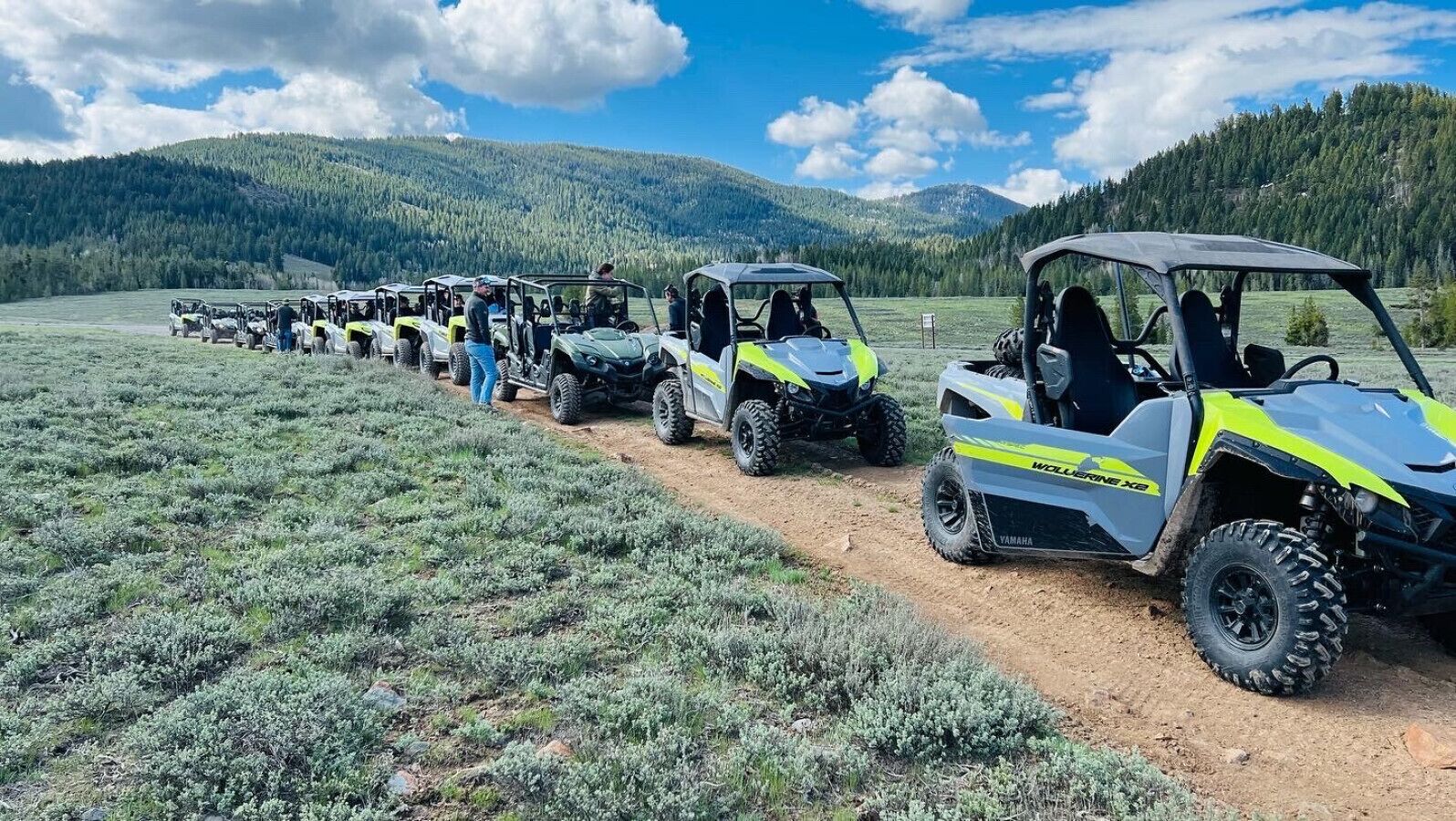 A line of ATVs parked on a dirt path in a grassy field with mountains in the background.